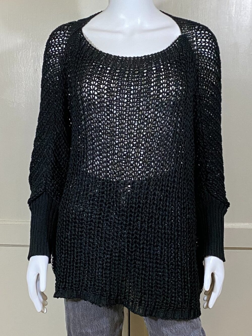 MILIO MILANO Crochet Open Knit Black Sweater Top, Size S/M, NWT, Made in Italy